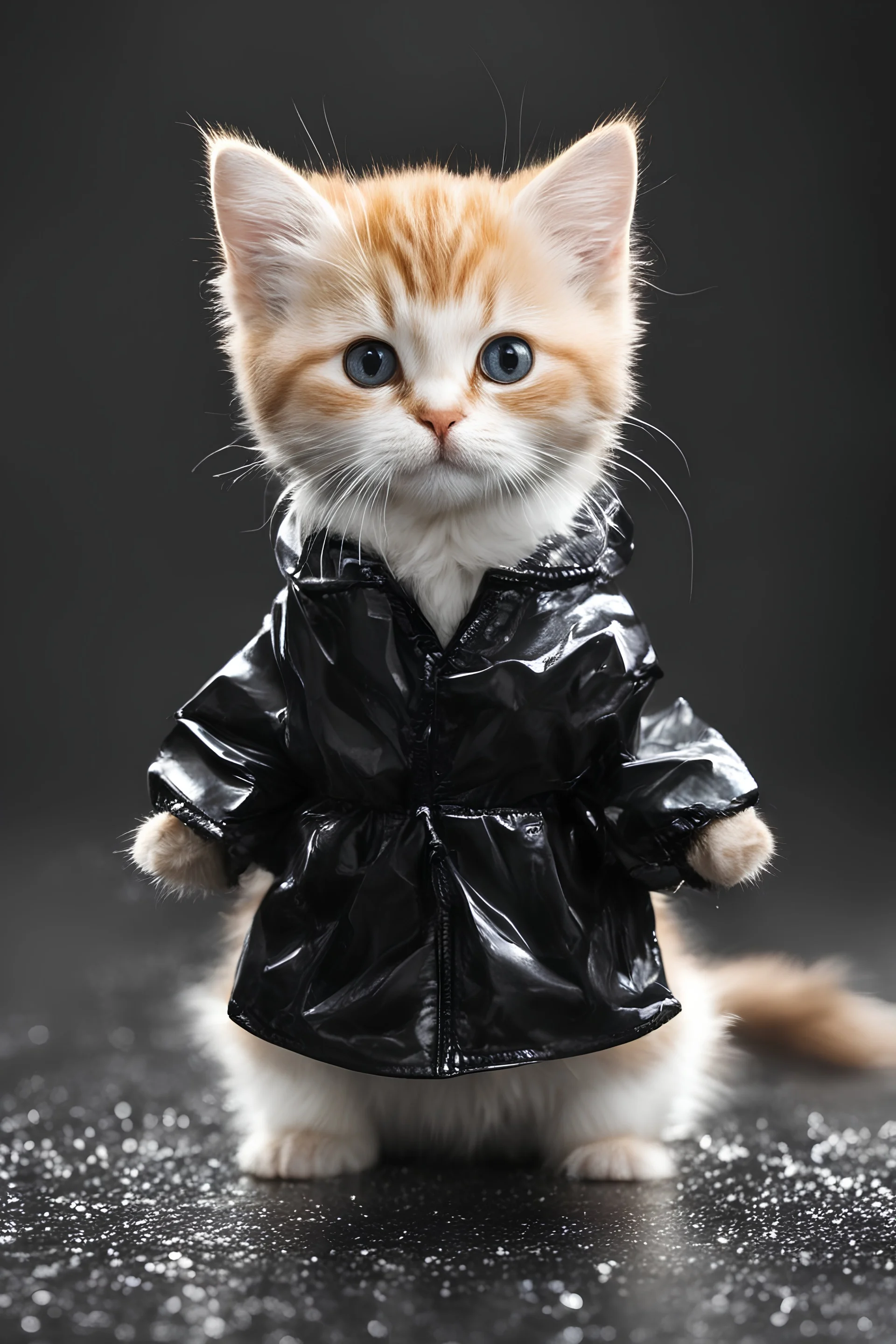 baby cat in raincoat. Chibi, Photograph, Canon DSLR, Tilt - shift, black background, high definition, Complete and coordinated composition, 8k
