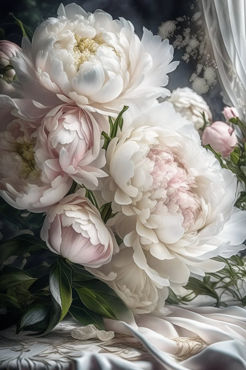 professional foto fantasy, beautiful bouquet of white,realistic photo,sketch, delicate drawing,oil painting, beautiful landscape, branch of large lush white and pink lace peonies of large flowers, pixel graphics, lots of details, sensuality,realism, high quality, decoration, hyperdetalization, professionally, filigree, hyperrealism, transparency, delicate pastel tones,backlight, contrast,fantastic, fabulous,unreal, translucent,luminous, clear lines,light green,white and pink