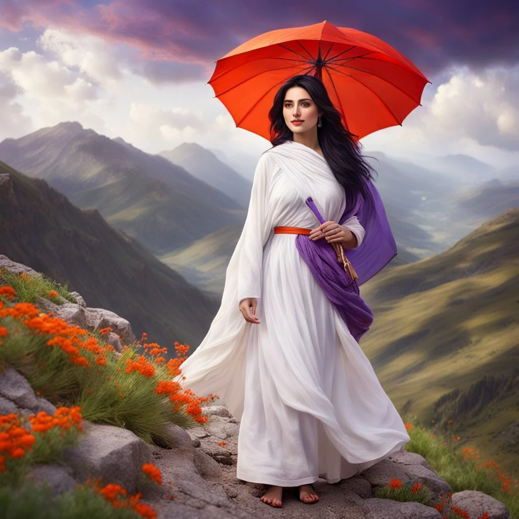 Hyper Realistic Beautiful Young Happy Pashto Woman With Beautiful-Black-Eyes-&-Black-Hair-&-A-Mole-on-Her-Face Wearing White-Frock & Purple-Shawl-With-Orange-Embroidery Carrying An Red Umbrella On Mountain-Top With Greenery & Breathtaking Cloudy-Weather Showing Dramatic & Cinematic Ambiance