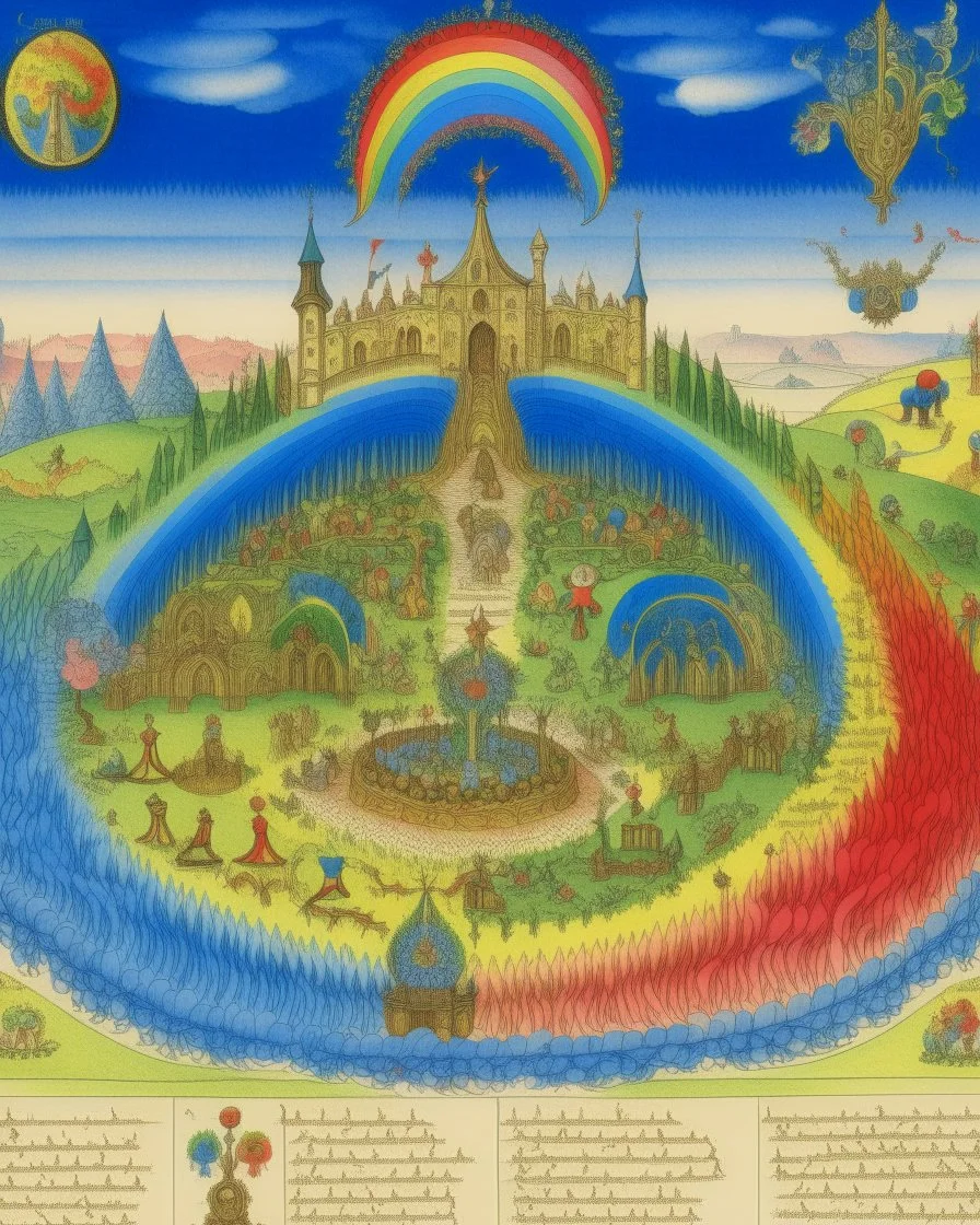 A rainbow kingdom with elements, tactics, and biology painted by the Limbourg brothers
