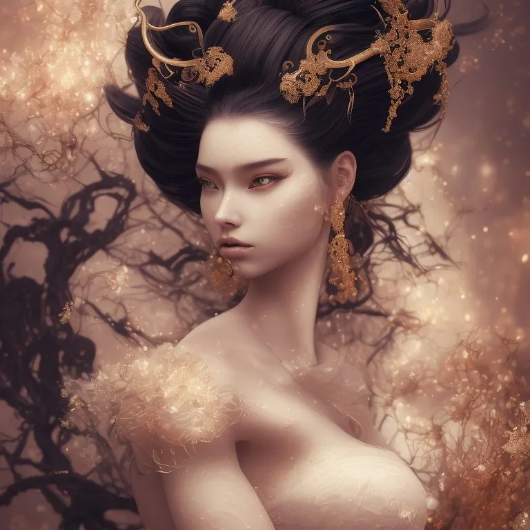 a wonderfull fat brazilian woman, full body, geisha fantasy, big curves, voluminous long black hair, ultradetailed fine art photo of a geisha, weet face portrait, snow flakes particles, fog ratio composition, detailed face, studio photography, very detailed,masterpiece, artstation, 8 k, highly coherent