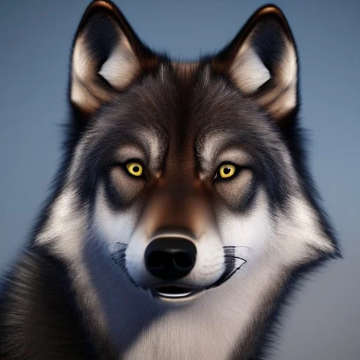 Ultra realistic cg rendering of Jet black wolf with gold eyes and saliva dripping from canine teeth