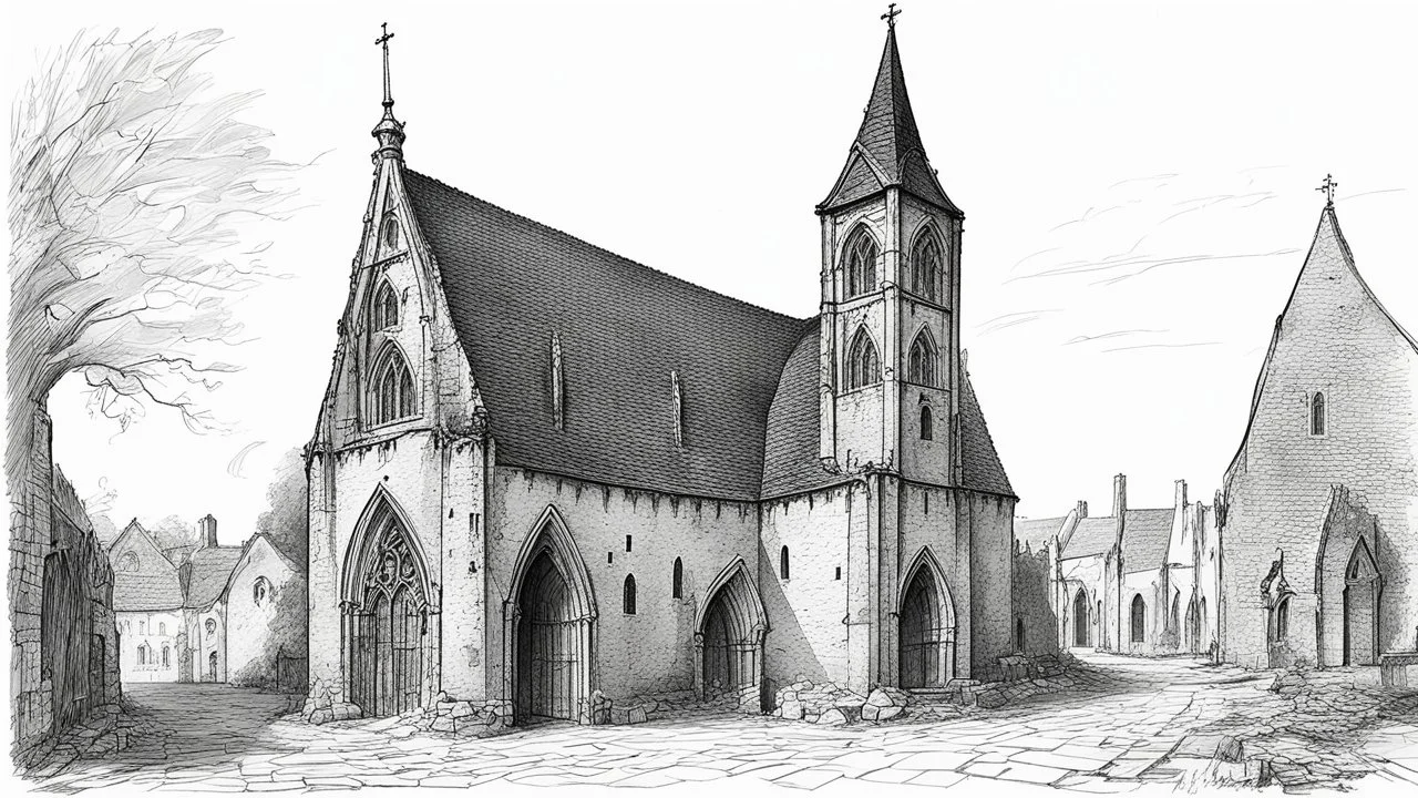 Ground-level black-and-white outline sketch of a small, ruined, gothic church with a tall, crooked roof and chimney and a cobbled street