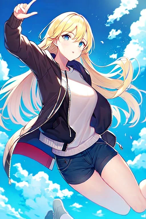 blonde with jacket falls from the sky, sky falling