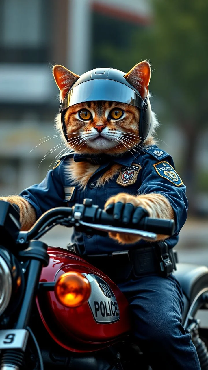 a cat wearing a whole police officer uniform , and a helmet.riding on a motorcycle , realistic , pro photography , high quality, and cinematic scene