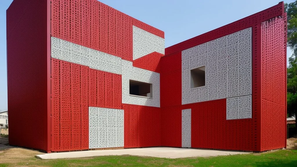 CUBIC BUILDING of concrete with red perforations