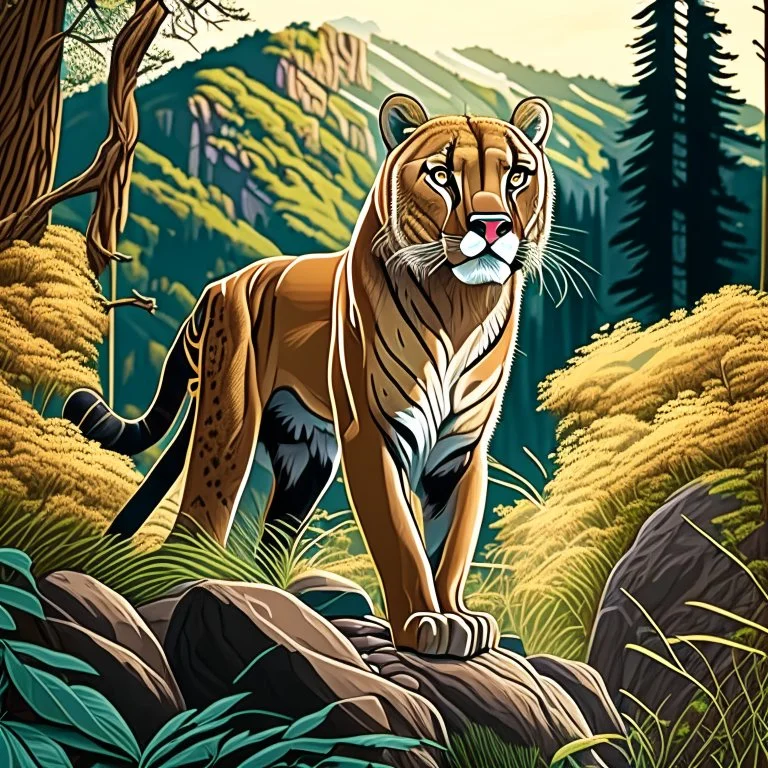 Cartoon of a mountain lion in the forest full body vectorized hyperdetailed 4k