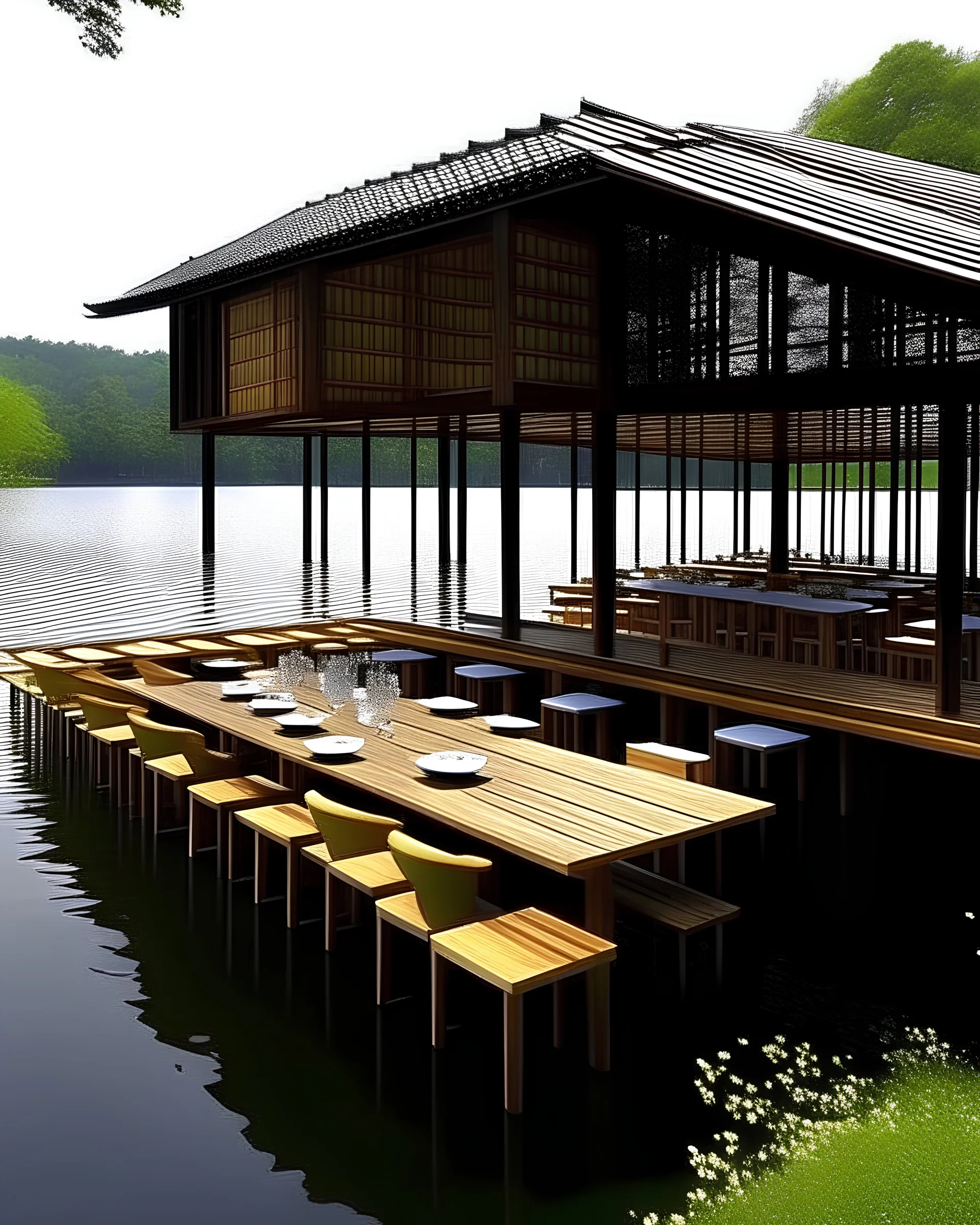 extreme restaurant with modern japanese design, located in a lake, it must make people feel intrigued to go into that restaurant