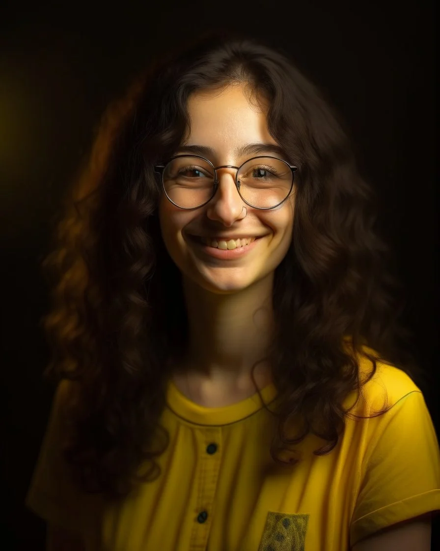 Jeune femme au sourire éclatant, longue et élancée, cheveux noirs, longs, bouclés et volumineux, porte de grandes lunettes rondes à la monture transparente. Nez fin et petit. Elle porte un t-shirt de couleur jaune moutarde avec une chemise florale transparente. Rembrandt style lighting, 8k, portrait, HD.