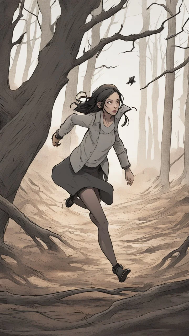 The young woman Lucy, dressed in modern attire, sprints through a barren and devastated forest. The trees are withered, the ground is littered with fallen branches, and an eerie silence hangs in the air.