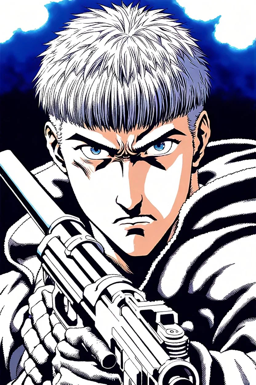 Guts from Berserk front view holds a revolver gun to his head.