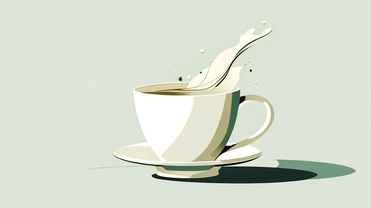 A modern and minimalist depiction of a cup of tea with a splash of milk, highlighting the simplicity and elegance of the drink.