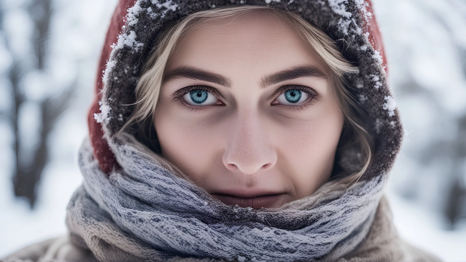 Eyes and winter, a woman in the snow, wears a scarf wrapped around her neck and her eyes are visible