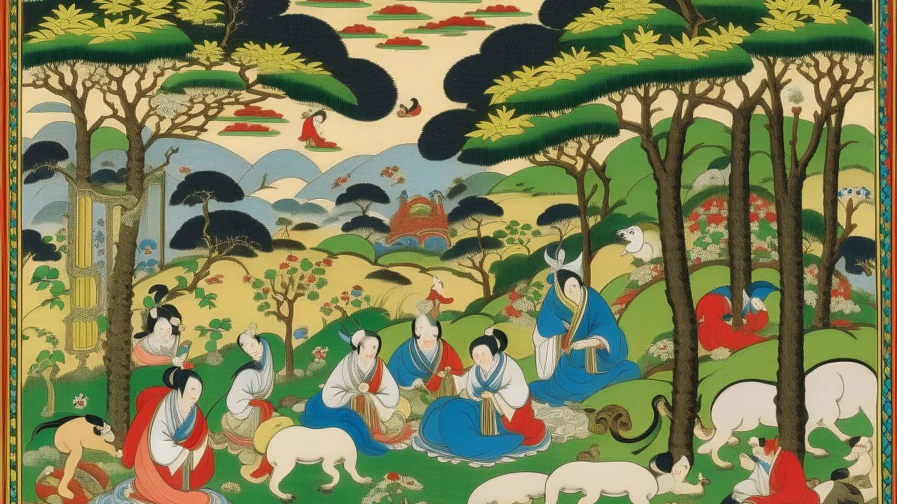 A painting by Utagawa Kunisada and Matisse of people practicing yoga surrounded by wild animals and lush vegetation.