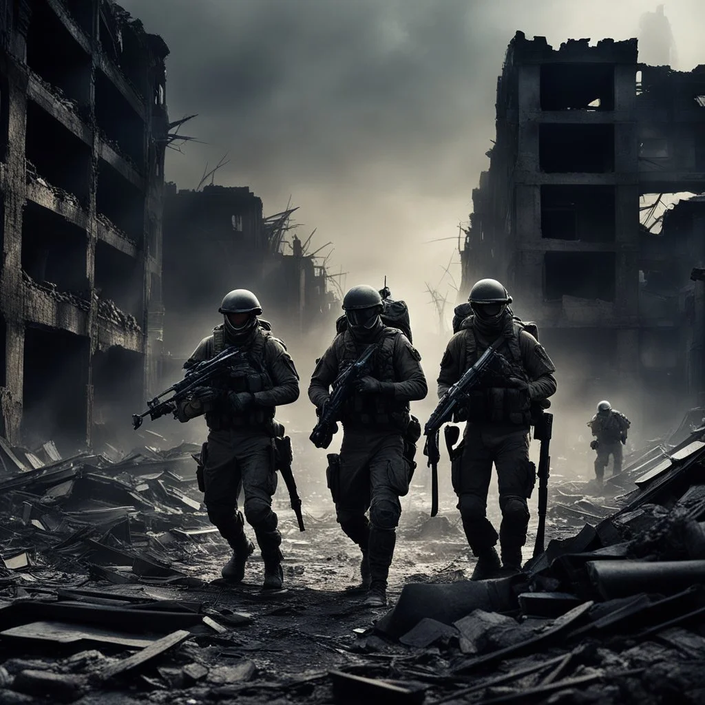 [vintage style noisy scratches glitches, Shot the texture and then rewound the film and double exposed] In the midst of the destroyed city, the two US Marine soldiers move with precision in tight formation across the ruins, while the alien xenomorphs lurk in the darkness. Their eyes scanning the shadows as they sought to avoid being surprised by the deadly foes that could strike at any moment.