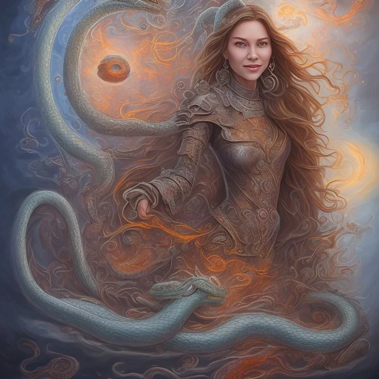 Beautiful portrait of a smiling witch running the rags of water and fire and wind and dirt with a brilliant wood and crystalline with a variety of colors with a background of the great and beautiful dragons flying in the nucleus heaven and with a background of a large snake with several heads