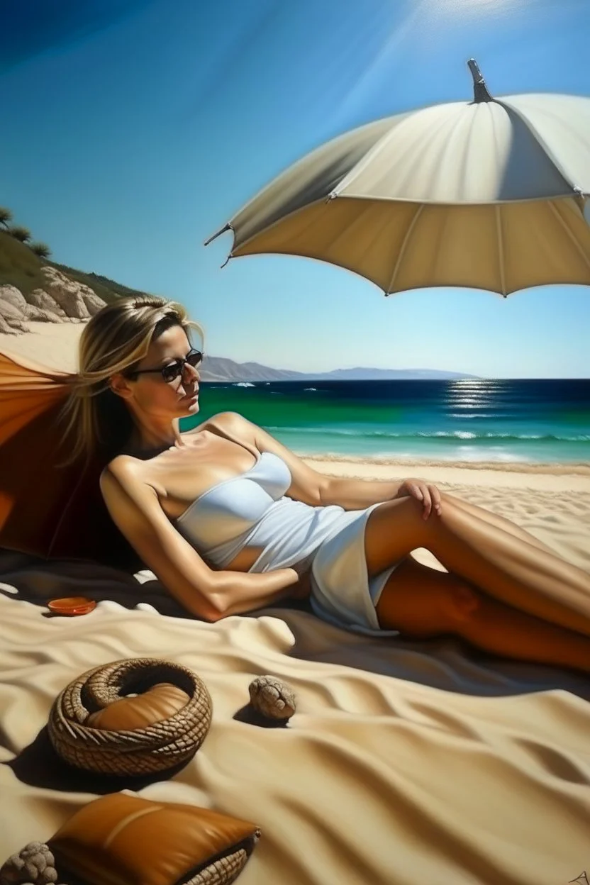 cote d'azur modern woman lying on the beach painting neoclassism realistic