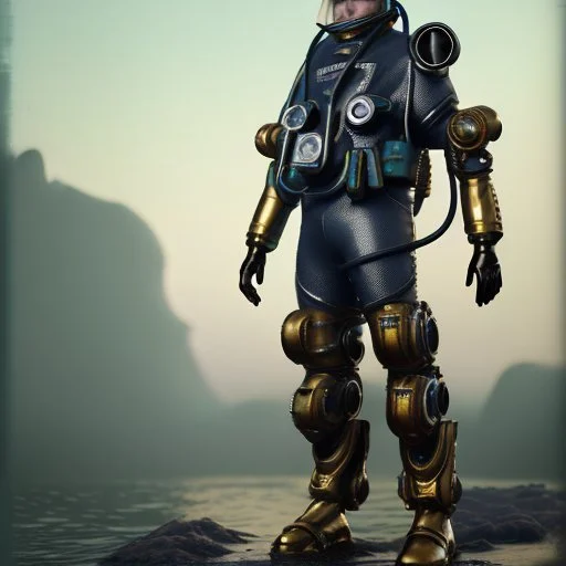 90's male retro scifi art of a steampunk diver with big armor