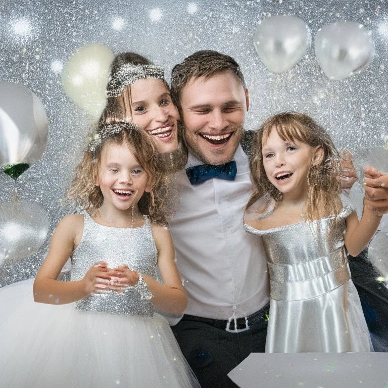 Photograph of a happy couple with kids celebrating with silver party decoration.