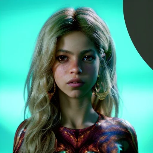 Shakira, artist, 30 years old, Realistic image, waist up portrait, etro style dress. loose long hair, eyes make up, perfect, glow, circle iris. concept art, smooth, unreal engine 5, god lights, ray tracing, RTX, lumen lighting, ultra detail, volumetric lighting, 3d, finely drawn, high definition, 4k.