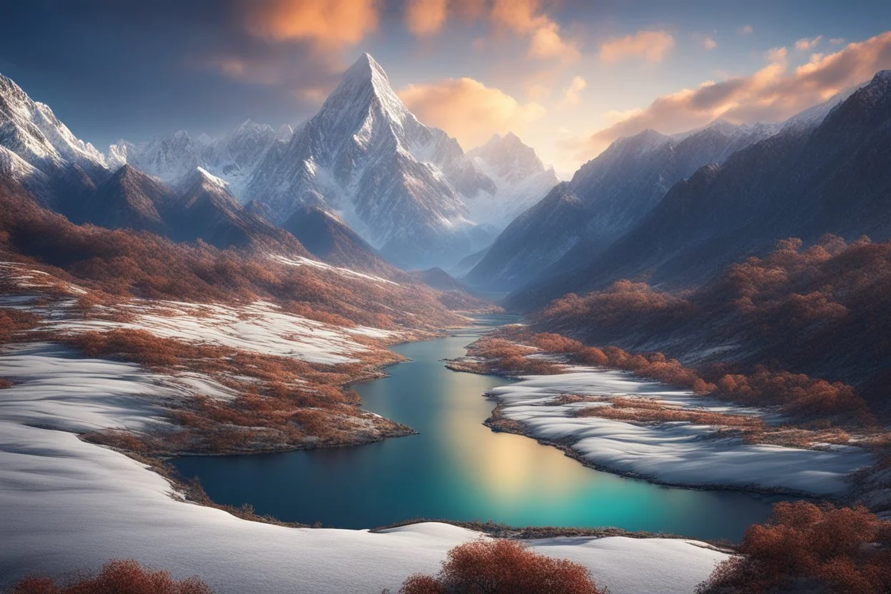 A valley through Himalayan winter mountains. a mountain 2 times higher that the rest at the end of the valley. fantasy concept art, exquisite realism, a masterpiece, dynamic lighting, hyper detailed, intricately detailed, deep color, Unreal Engine, volumetric lighting , Epic cinematic brilliant stunning intricate meticulously detailed dramatic atmospheric maximal,