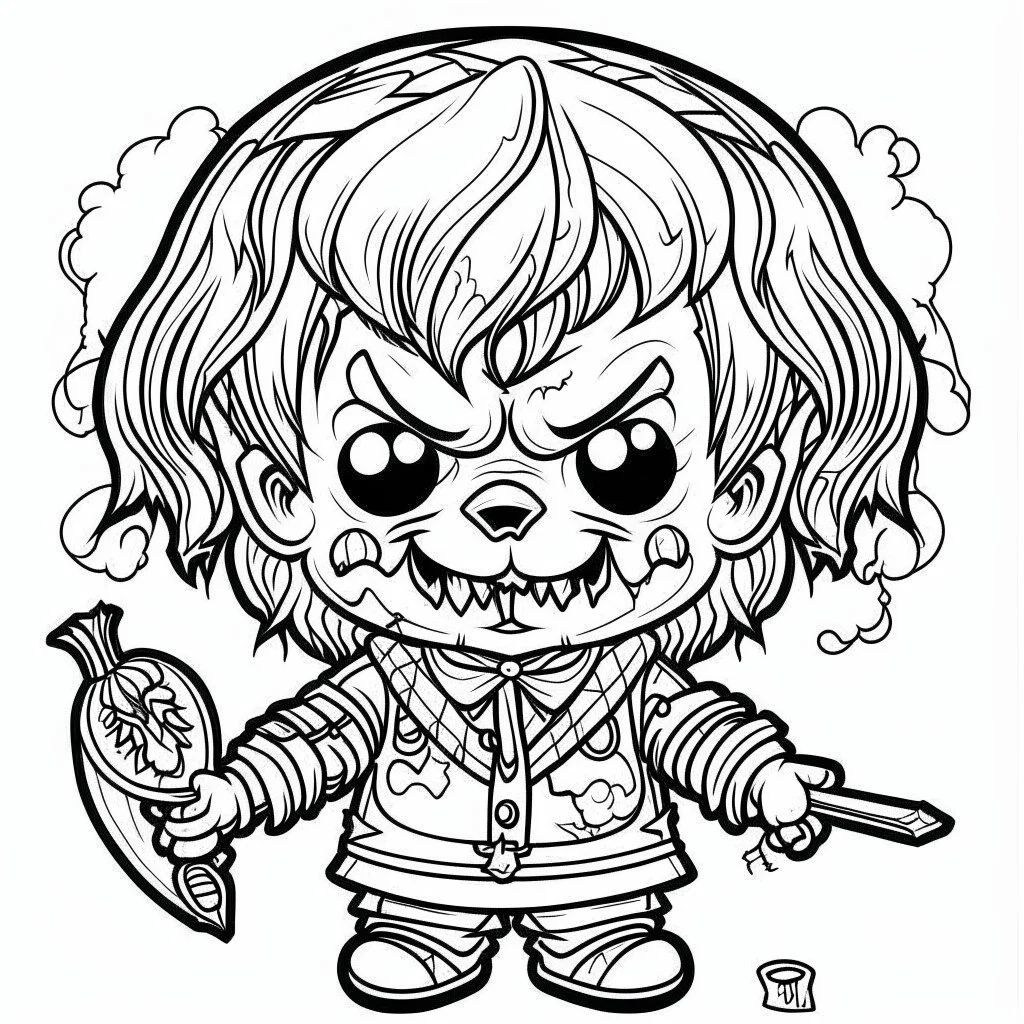 create a 2d black outline, " kawaii psycho clown with knife coloring book for kids", coloring page, low details design, black contour, coloring page design, colorful , card style, coloring page for kids, halloween backgorund,sketch style,