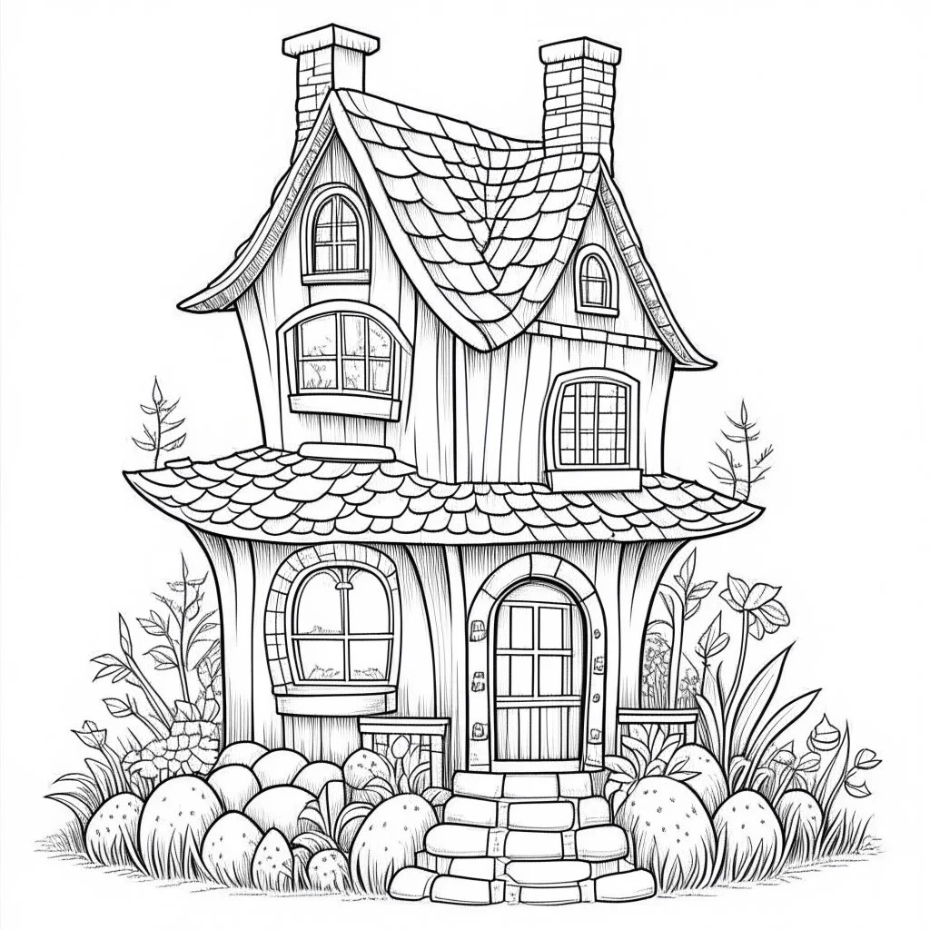 A fairy house, Crystal Cascade Chalet, coloring page, exact shape, real image, minimal lines, white back ground color, real style, realistic, minimalistic, minimal black line art, line art, crisp line art, unique coloring sheet, outlined, outline, crisp, crisp line edges, illustration, thin lines, crisp clear lines, line art, clean line art, unique, 8k, no colors, no dark color, no black color, avoid thick black, minimalistic line edges, pure white back ground,