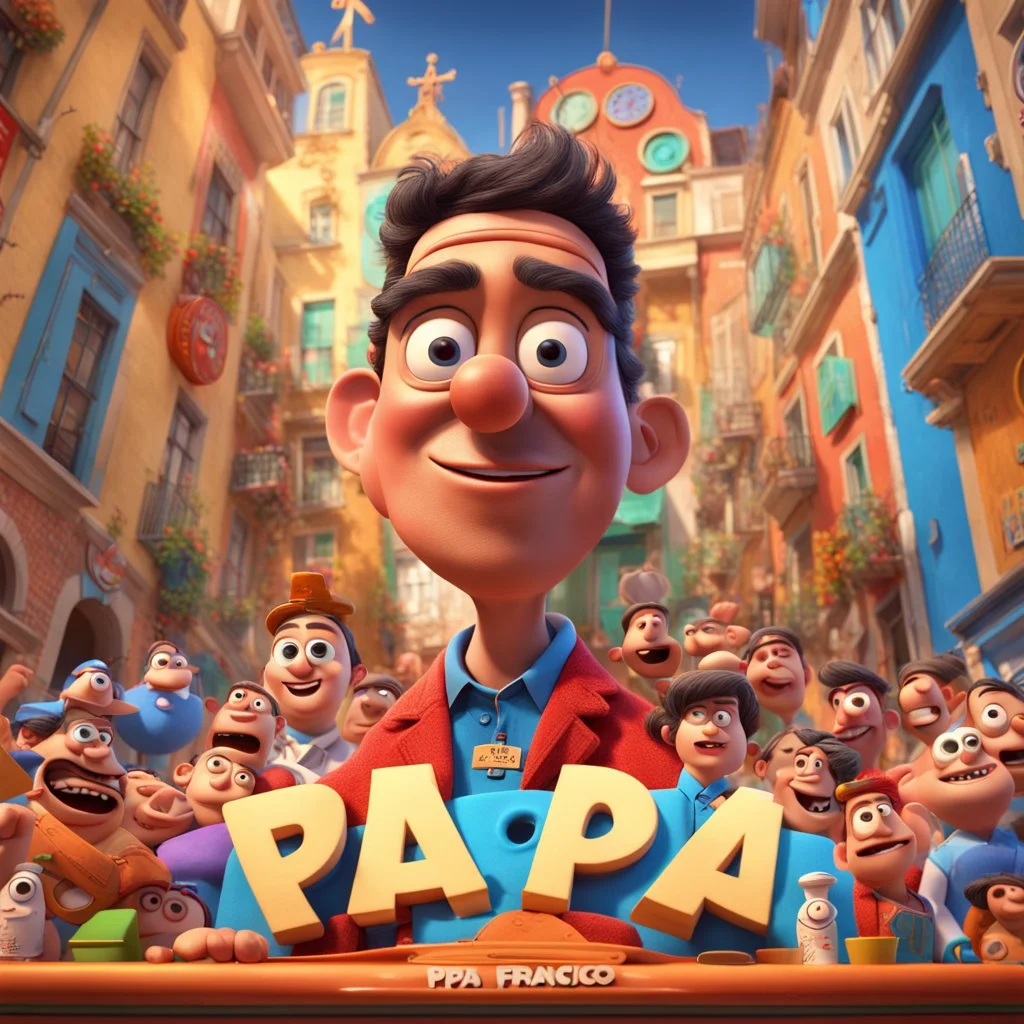 Create a Pixar-style 3D movie poster with they Papá Francisco, and with the title: "Francisco", ultra quality, hyper-detailed, maximalist, 8k