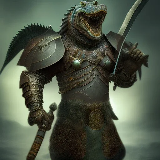 photograph of a warrior with crocodile themed armour. extremely detailed. dslr. 85 mm.perfect position, unreal engine