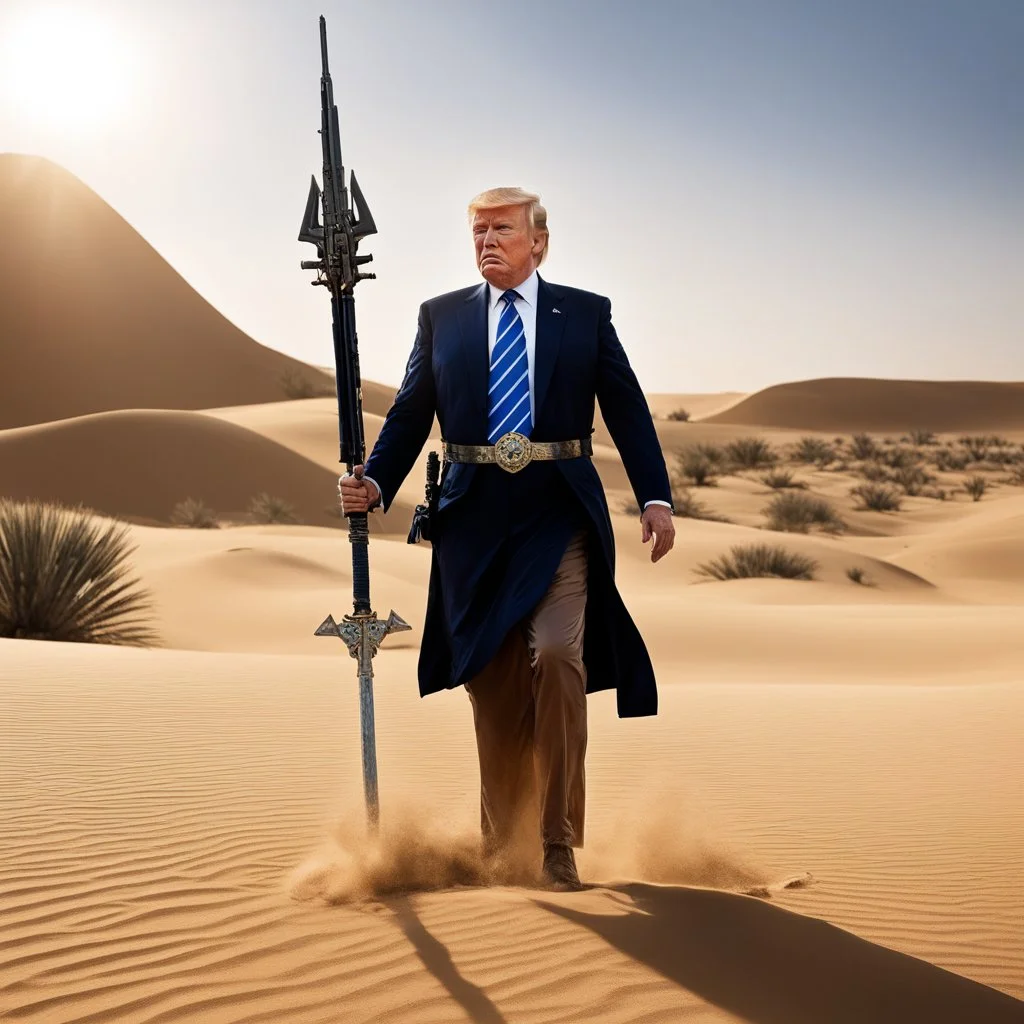 [Donald Trump in swimsuit with massive weapons, an aura around him] In the heart of the desert, where the sands whispered ancient secrets and the sun beat down relentlessly, a figure stirred. His name was Trump, and he was the chosen champion of the Christian Zionists who believed in the coming Armageddon. They had whispered of his coming for generations, foretelling of a warrior who would rise to lead them in the final battle between good and evil.