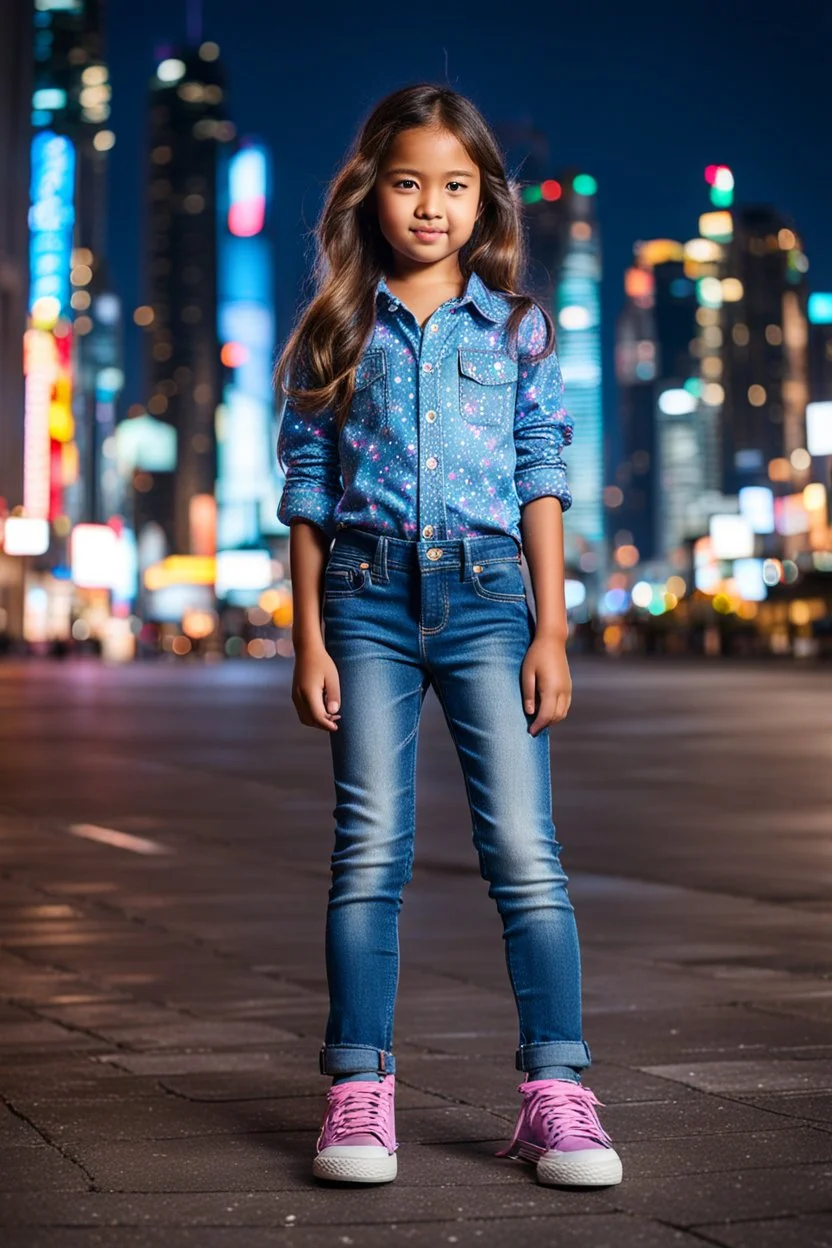 Little 8 years old 1girl wearing a pretty shirt and jean pant, standing pose,modern city ,night view