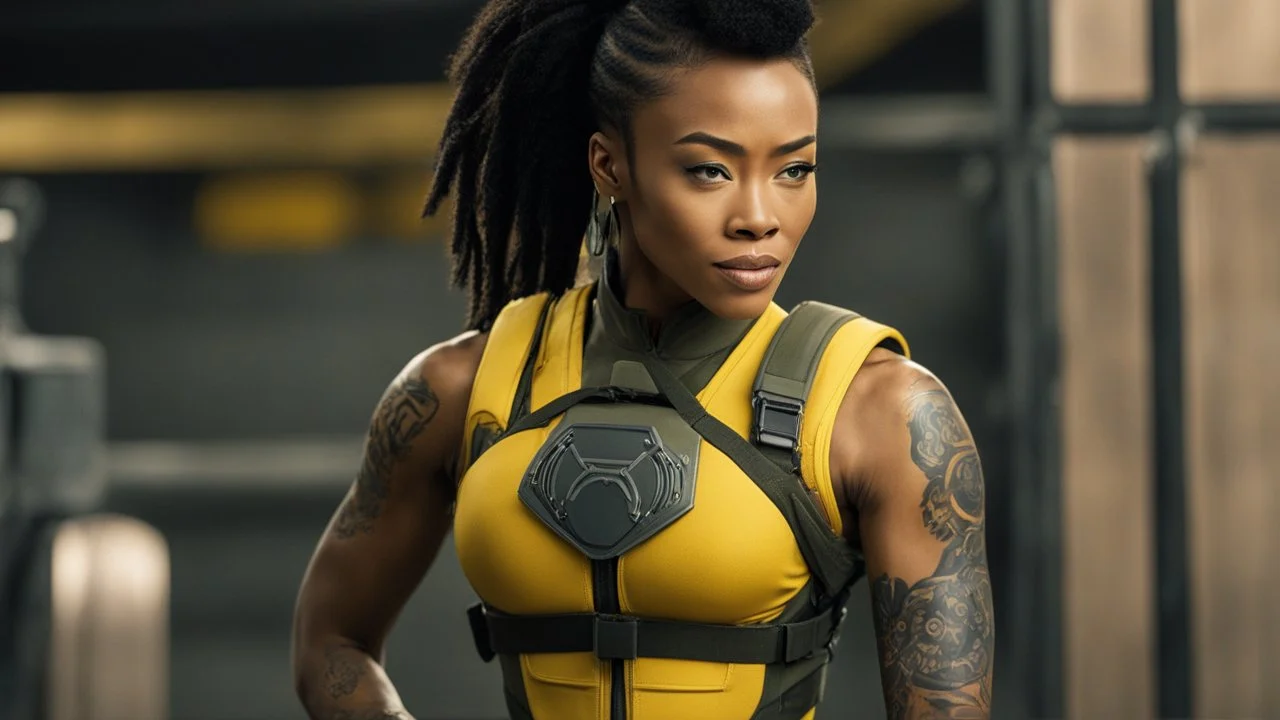 A Sonequa Martin-Green warrior with a machine gun covered by tattoos, 24-years-old her lean muscular frame wrapped in a yellow two pieces tactical bodysuit and a bullet proof vest over her bossom. Her hair is pulled back in a tight ponytail, revealing dark eyes [vintage style noisy scratches glitches, Shot the texture and then rewound the film and double exposed from a 1970 B series movie] she stretches on the balcony of the marble palace of a modern dictator, behind we see the beach and palm tr