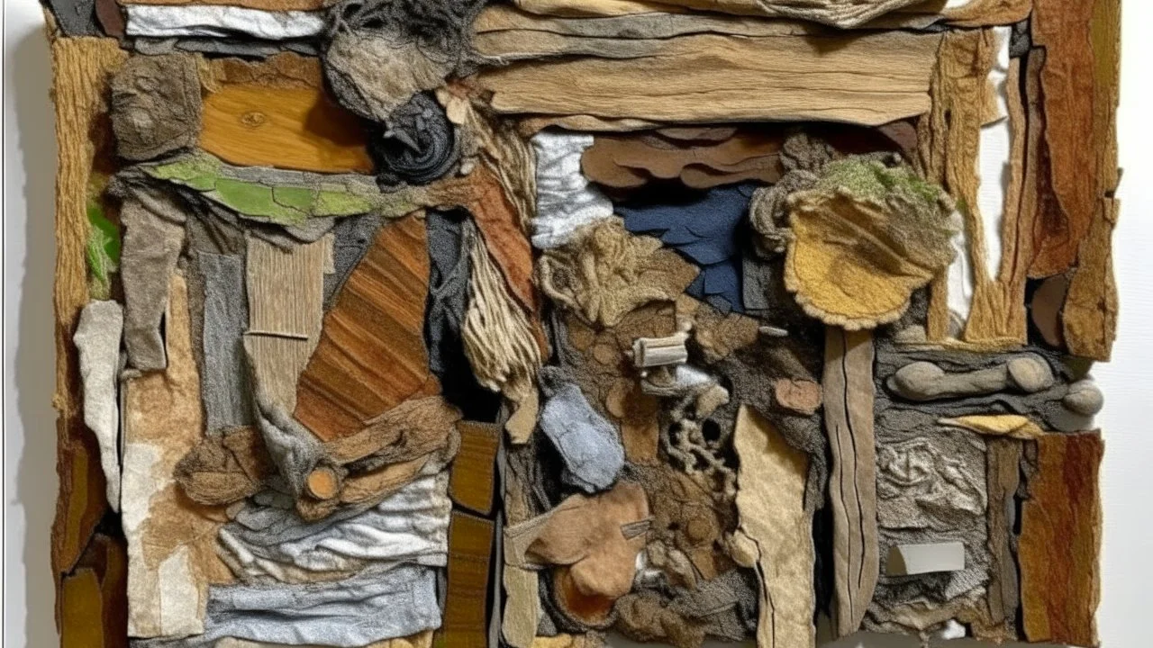 Three-dimensional collage with contrasting textures, worn and torn fabrics in earth tones, aged wood with exposed grain, rusty nails emerging from rough surfaces, abstract biomorphic forms, thick paint spatter, embedded coarse sand, overlapping layers of materials, contemporary material art style