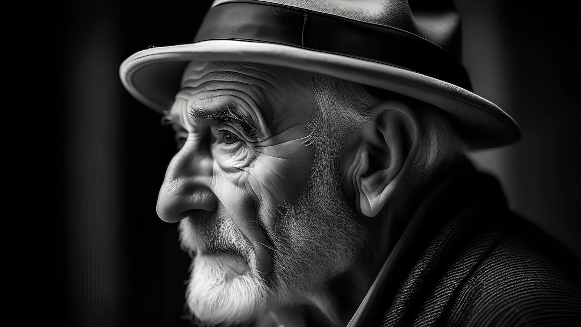 old man with a hat man looking at the front black and white with space to the left