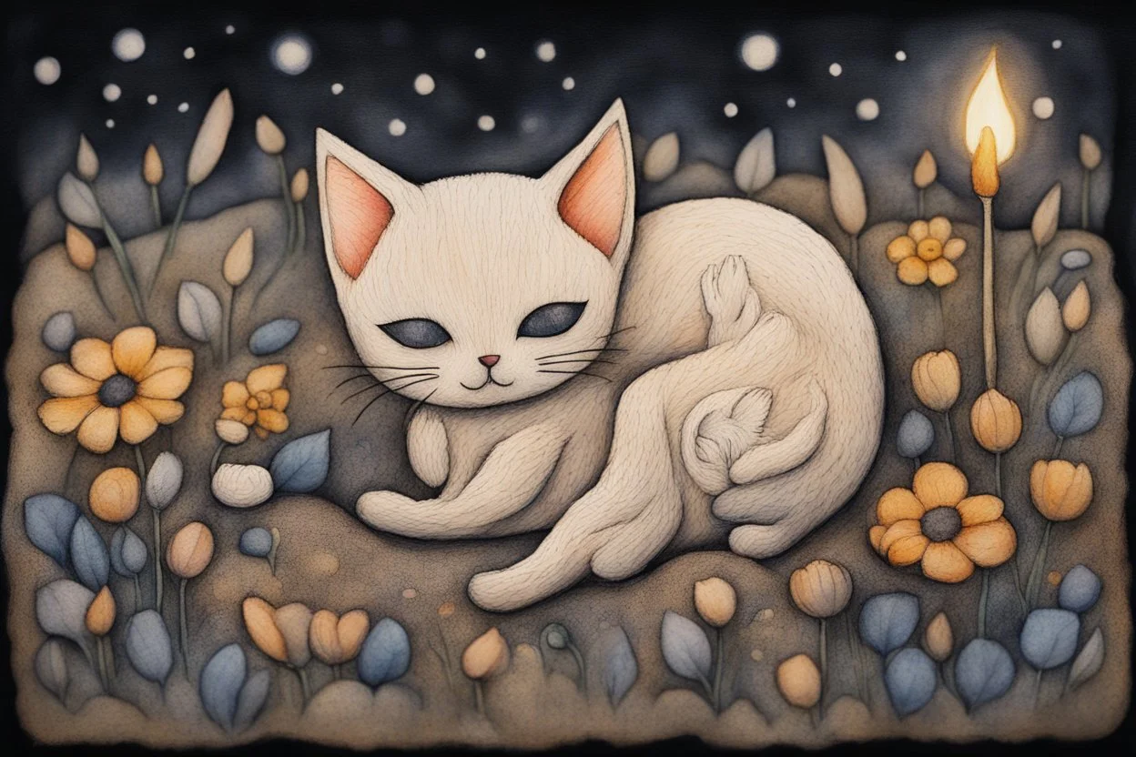 painted and burned burlap, moonlight, cute chibi sleeping kitten on a flower bed, styles of Paul Klee Dee Nickerson and Tim Burton, melting watercolor and black ink outlines on wet paper, soft, shading strokes, in candlelight, ethereal, otherwordly, cinematic postprocessing, bokeh, dof