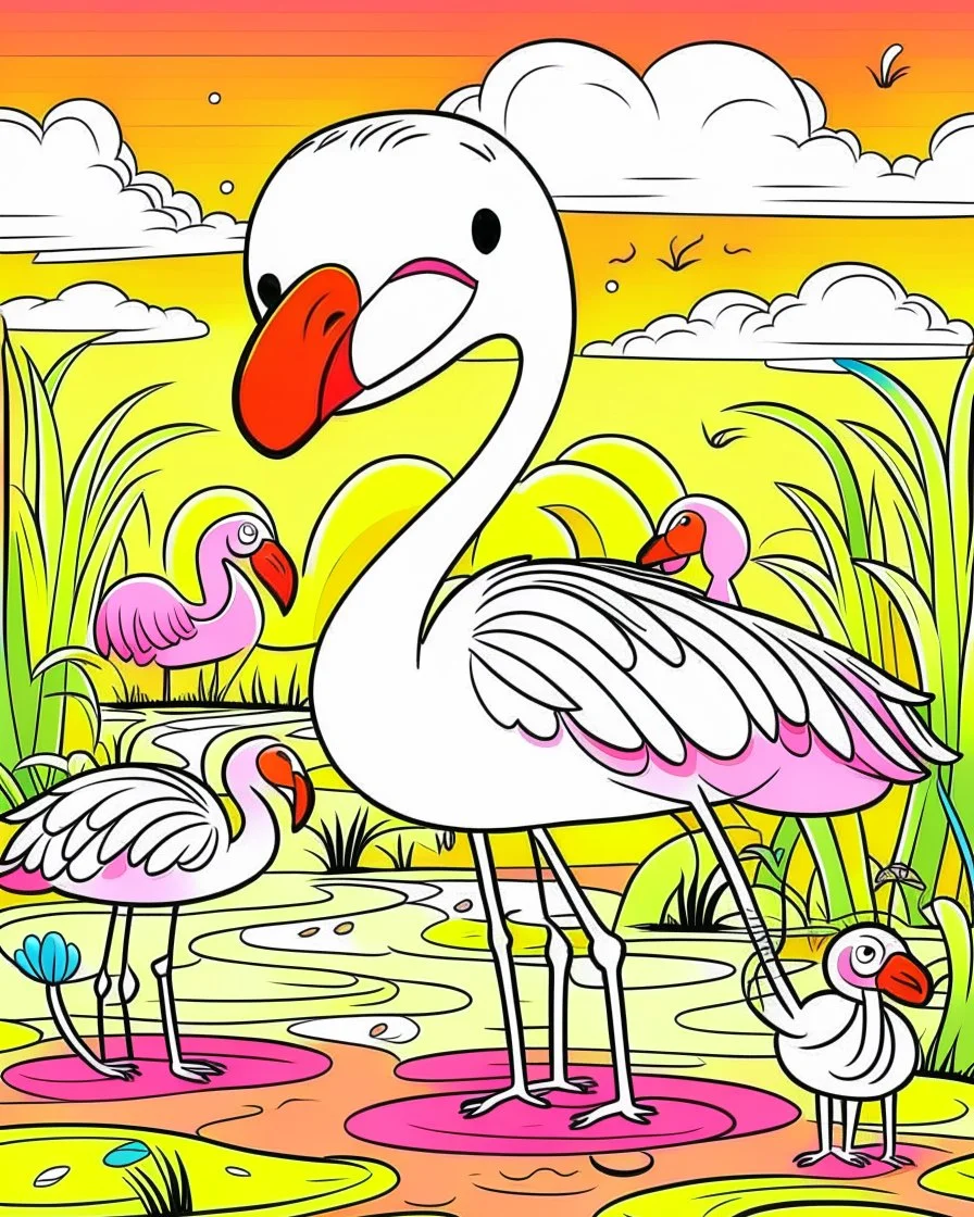 create a 2d black outline, "safari smiling cartoon flamingo coloring book for toddlers", coloring page, low details design, black contour, coloring page design, simple background, colorful , card style, coloring page for kids, white background, sketch style, safari landscape, cartoon style