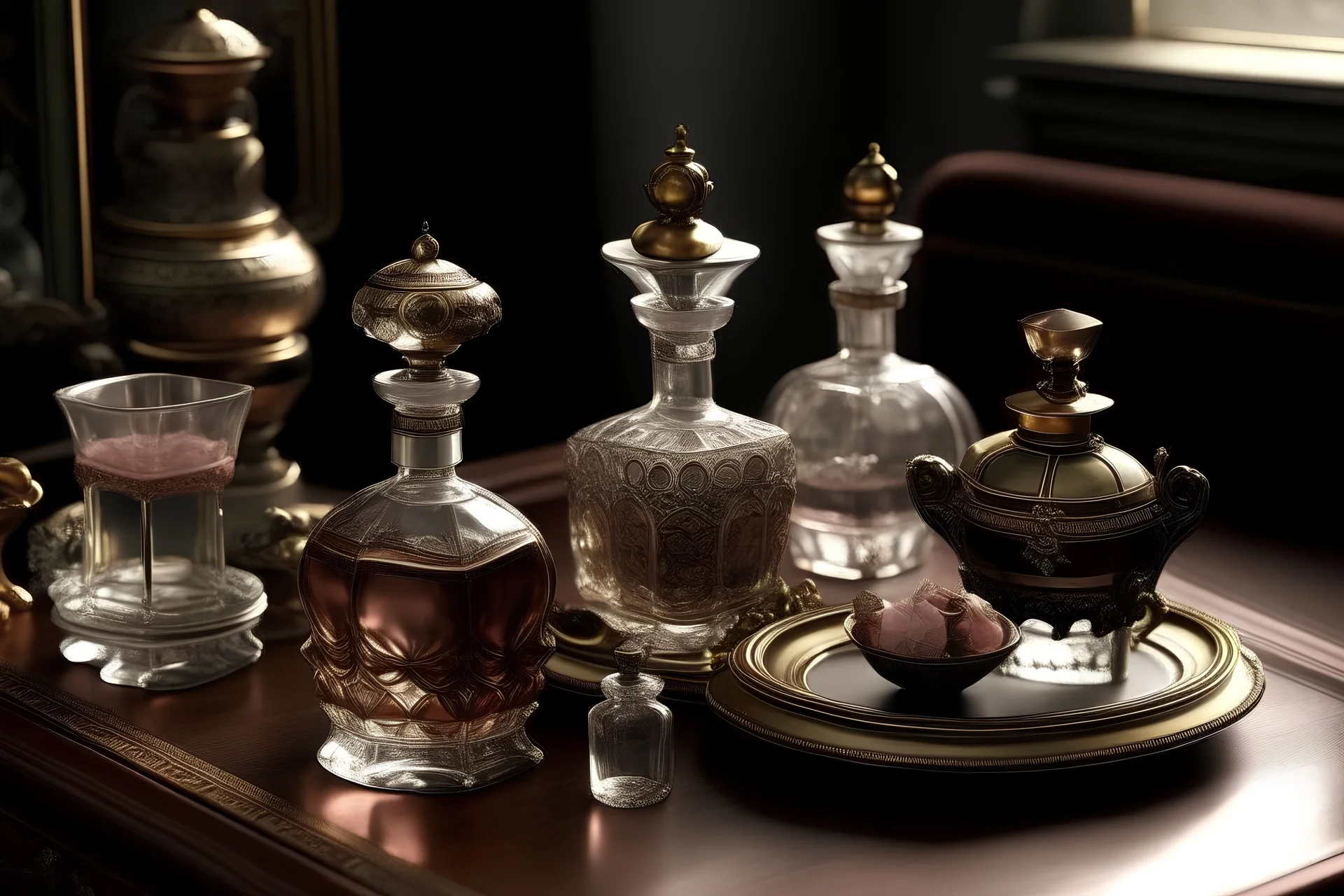 generate me an aesthetic image of perfume for Perfume Bottles with Antique Tea Set