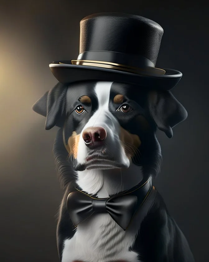 Perro humano con smoking sombrero elegante detallado cuerpo completo 4k