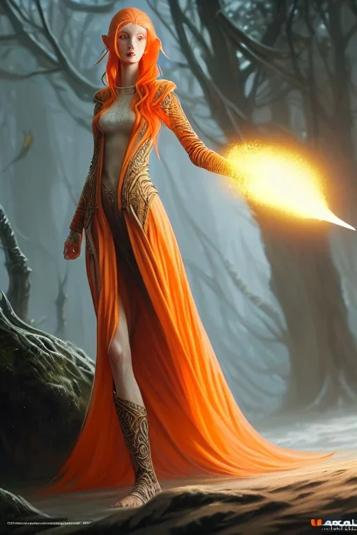 painting of a tall elven young woman with short light orange hair and freckles on the cheak bones and tall body of a topmodel light clothes, long shot, ultra realistic, concept art, intricate details, eerie, highly detailed, photorealistic, octane render, 8 k, unreal engine. art by artgerm and greg rutkowski and charlie bowater and magali villeneuve and alphonse mucha