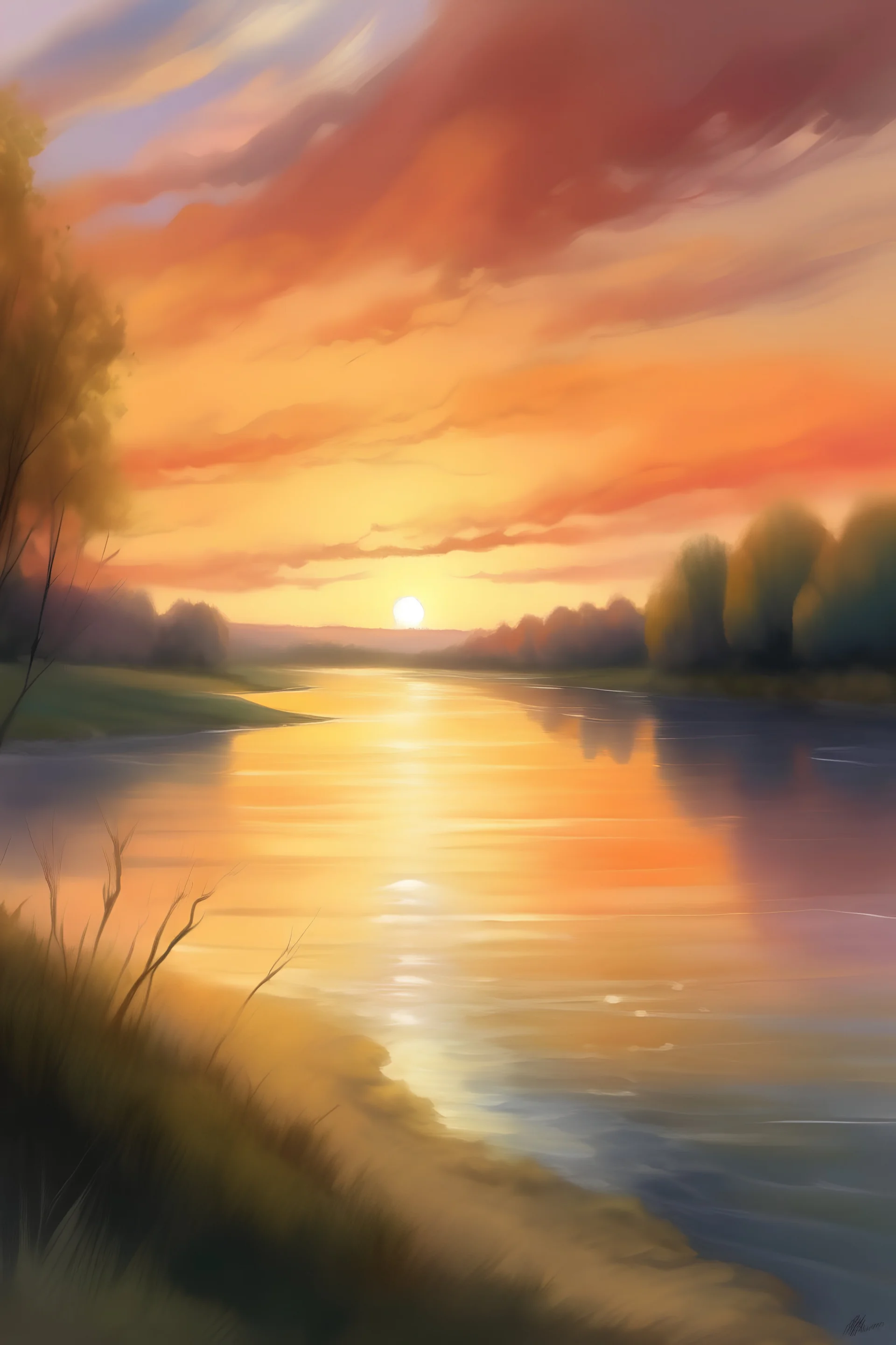 pintura con un atardecer con vista al rio, con colores pasteles, donde el agua se une con el cielo formando un todo y el sol como protagonista asomando sus ultimos rayos de luz antes de esconderse