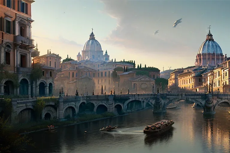 Tevere+river+Bar on garden rooftops +Rome mixed new york +Skyscraper +steampunk+biopunk+alphonse mucha, greg rutkowski,matte painting, cryengine, hyper detailed, felix kelly, fantasy art, seb mckinnon