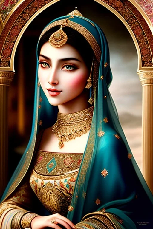 A beautiful Arab Muslim princess from the Abbasid era , beautiful portrait, flowery landscape