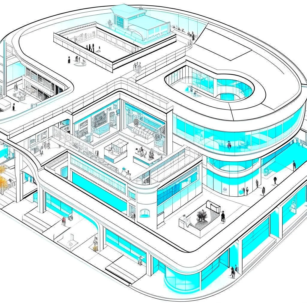 Architectural drawing of a Neofuturistic art museum, (((isometry))), ultra quality, people, treets