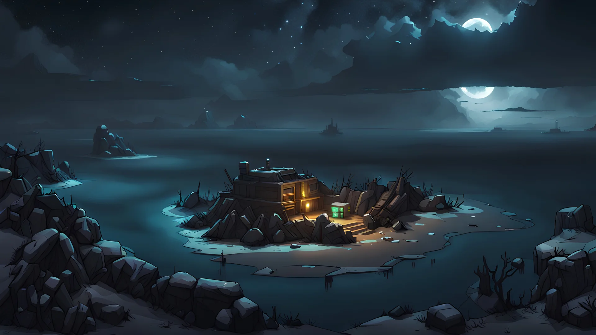 forgotten winter island, nighttime, storms, secure outpost, cyberpunk style