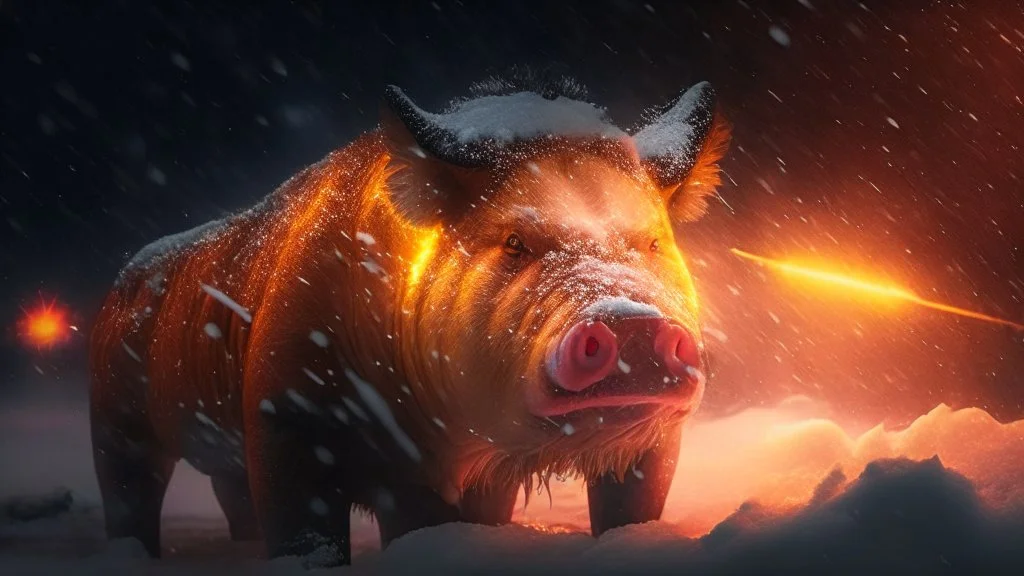 Gorgeous angry yellow sabre tooth pole pig with glowing red eyes in a snow storm at night