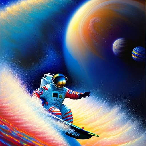 astronaut surfing in Jupiter waves, art style by Bryen Frost inspired by Marta Vilarinho de Freitas, focus on subject, flat, vector illustration, urban sketch expressionist style oil painting, smooth post-impressionist impasto acrylic painting, thick layers of colourful textured paint futuristic futurism noir