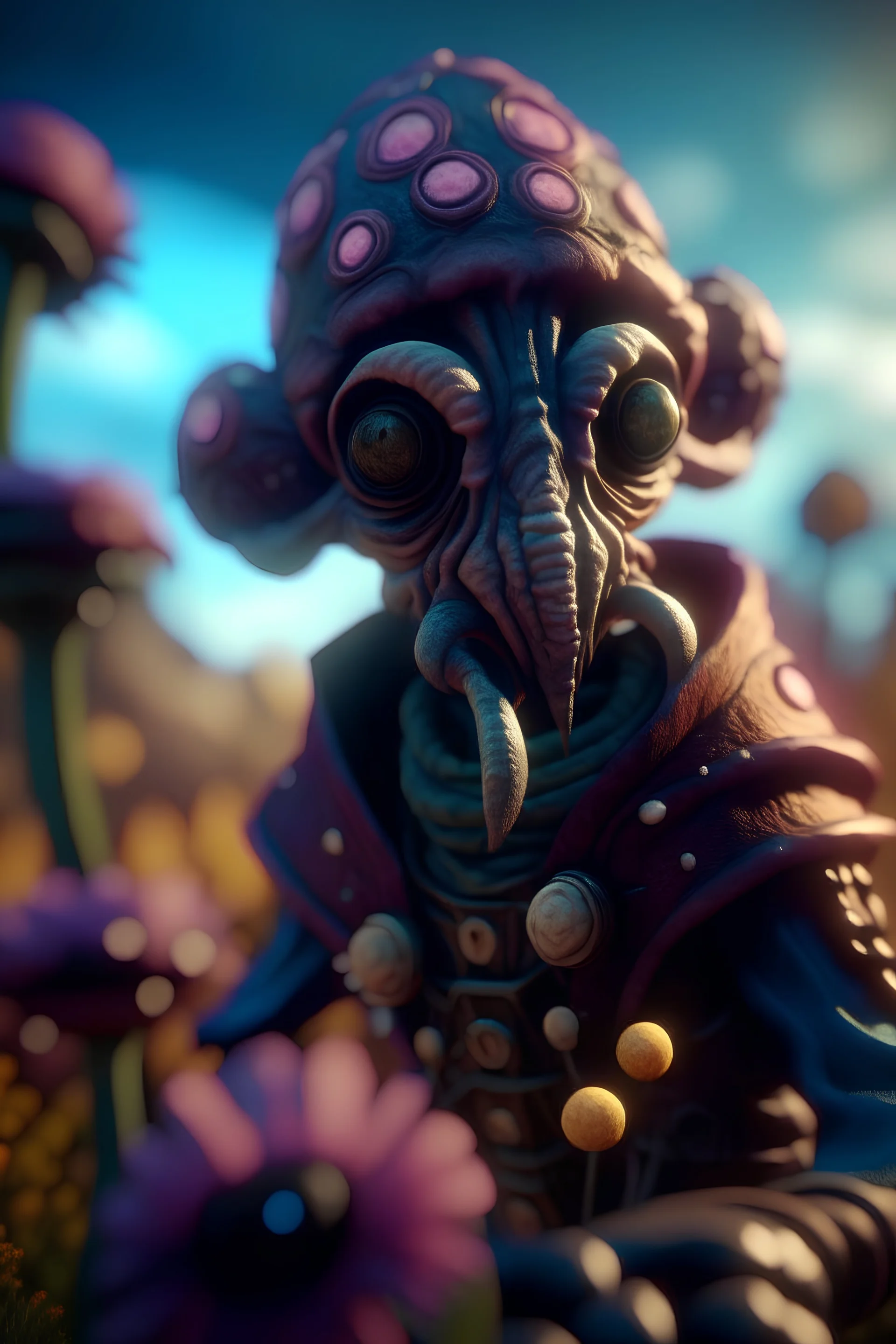 portrait of illithid mind flawyer holding weird flowers in his trunk in the style of pixar, on a strange planet with weird colors and wind turbines, bokeh like f/0.8, tilt-shift lens 8k, high detail, smooth render, down-light, unreal engine, prize winning