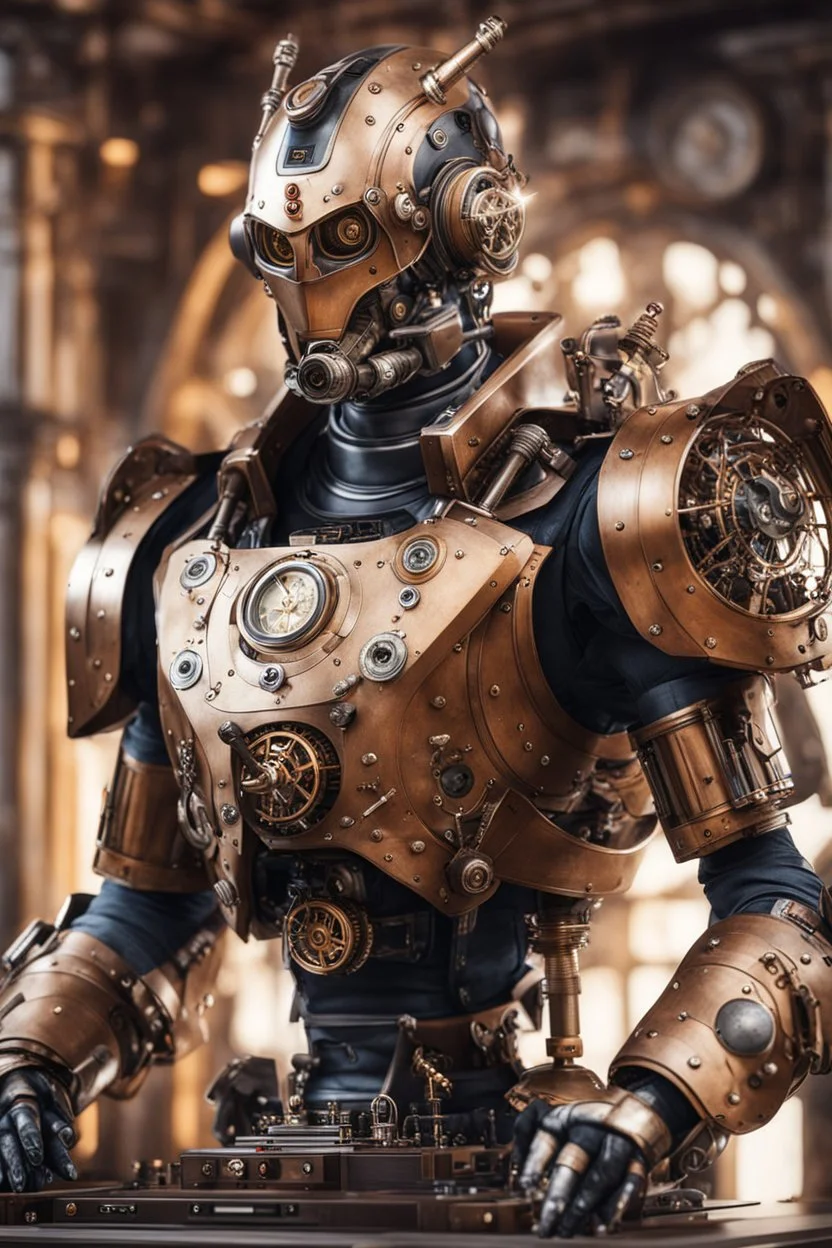 Front view Photography Realistic HD Natural Beauty Steampunk classic mecha man as dj player