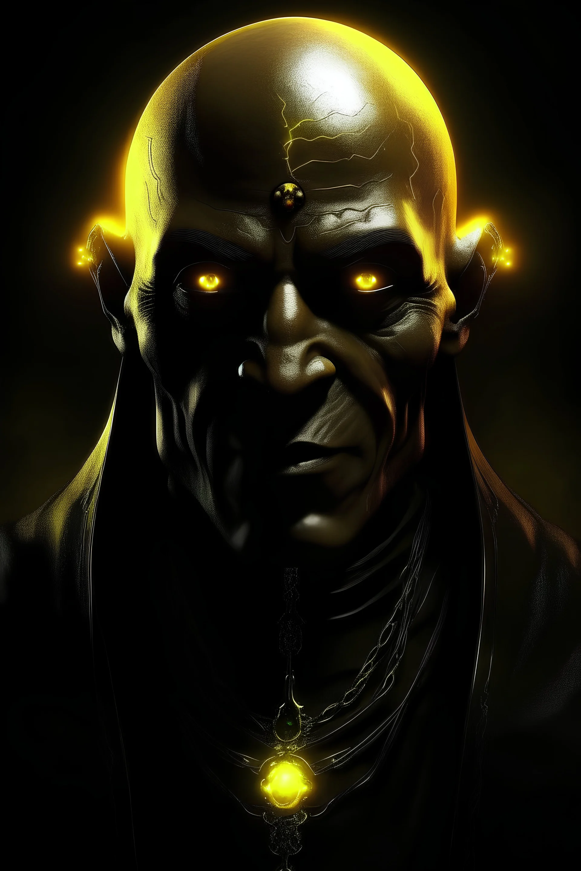 ebony priest, bald, evil, with yellow glowing eyes