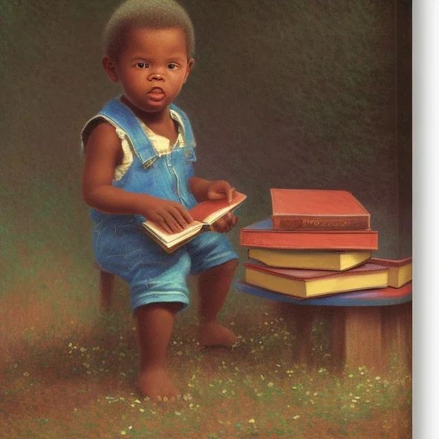 African American baby boy musician with books by monet